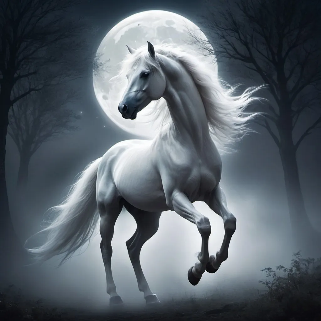 Prompt: Moonlit horse spirit in ethereal fog, mystical atmosphere, ghostly mane flowing, shimmering moonlight, transparent and graceful, haunting presence, high quality, mystical, ethereal, moonlit, ghostly, transparent, flowing mane, haunting, atmospheric lighting anime