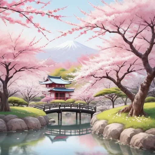Prompt: Vibrant digital painting of a serene sakura garden, realistic pink and white blossoms, peaceful Japanese setting, soft pastel tones, high quality, detailed brushwork, traditional Japanese art style, tranquil atmosphere