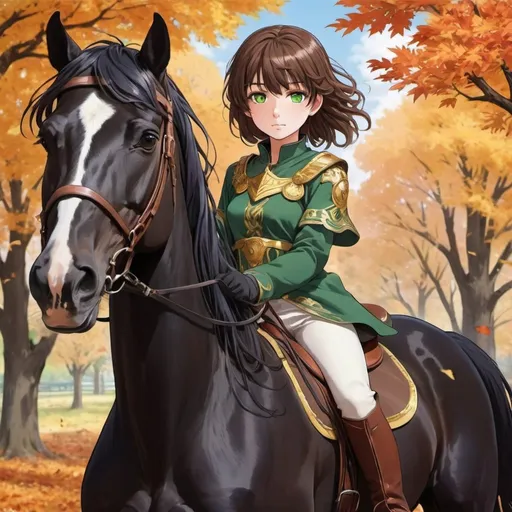 Prompt: beautiful girl that is in her teens and has brown short hair  and is dressed as Athena and has bright greens eyes riding a horse that is raven black and it is fall and the leaves are falling and the hair of the horse is blowing there  the wind anime