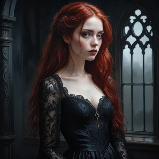 Prompt: Gothic oil painting of Fiona, dark and mysterious, detailed lace gown, hauntingly beautiful, moody atmosphere, high contrast lighting, rich and deep tones, flowing red hair, intense gaze, elegant and ethereal, intricate details, dark and eerie, oil painting, detailed gown, haunting, high contrast lighting, gothic, red hair, mysterious, elegant anime