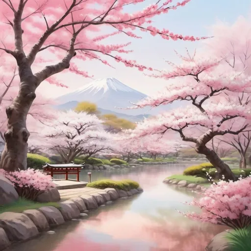 Prompt: Vibrant digital painting of a serene sakura garden, realistic pink and white blossoms, peaceful Japanese setting, soft pastel tones, high quality, detailed brushwork, traditional Japanese art style, tranquil atmosphere