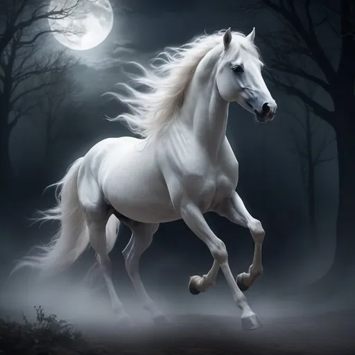 Prompt: Moonlit horse spirit in ethereal fog, mystical atmosphere, ghostly mane flowing, shimmering moonlight, transparent and graceful, haunting presence, high quality, mystical, ethereal, moonlit, ghostly, transparent, flowing mane, haunting, atmospheric lighting anime