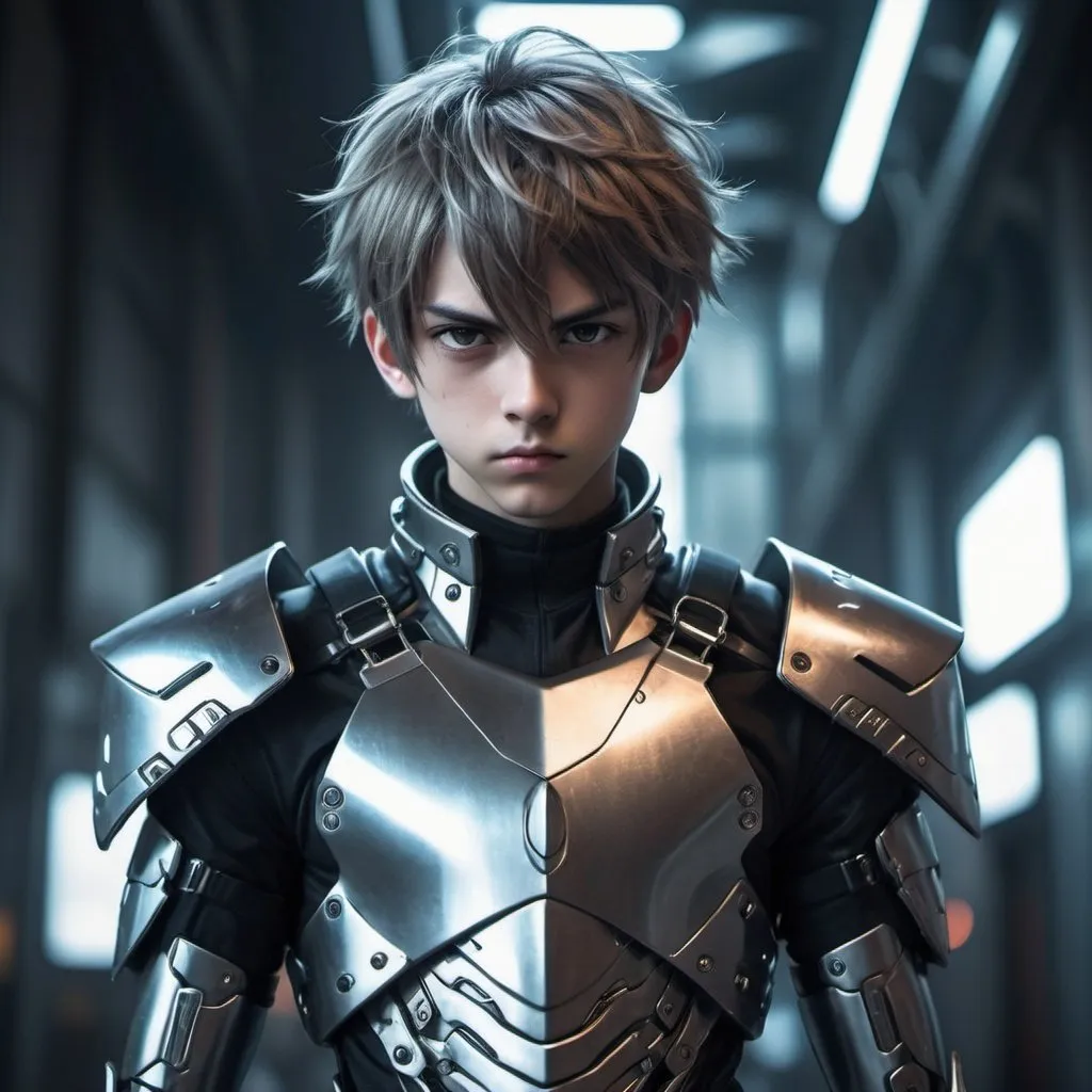 Prompt: Tall anime boy wearing metal clothing, futuristic anime style, metallic sheen, detailed armor design, intense and focused expression, urban cyberpunk setting, cool-toned lighting, highres, detailed, anime, sci-fi, futuristic, metallic clothing, intense gaze, sleek design, professional, atmospheric lighting