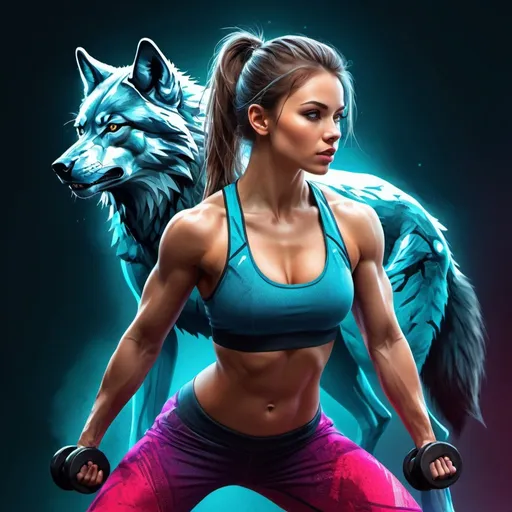 Prompt: High-quality digital art of a beautiful girl with a wolf cut working out, vibrant and energetic, dynamic lighting, fitness theme, detailed athletic form, digital illustration, vibrant colors, intense workout, dynamic pose, high-res, energetic atmosphere, athletic, dynamic lighting, fitness theme, detailed features, energetic colors, powerful workout, futuristic style, professional quality