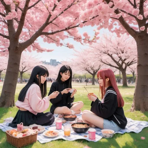 Prompt: anime girls that is under a pink blossom tree in spring with  friends  having a picnic and listing to blackpink music and is eating ramen 