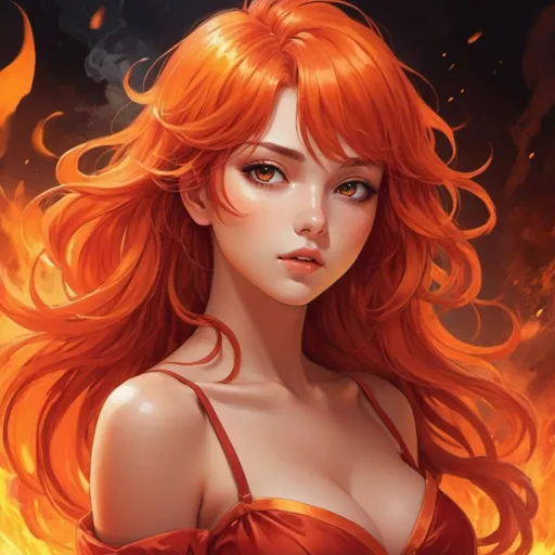 Prompt: Sultry anime illustration of a fiery-haired girl, vibrant red and orange tones, fantasy magical setting,