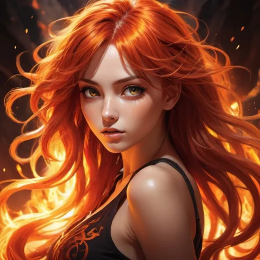 Prompt: Sultry anime illustration of a fiery-haired girl, vibrant red and orange tones, fantasy magical setting, flowing fiery hair with dynamic movement, piercing gaze with intense expression, magical aura and glowing runes, high-contrast shadows and highlights, best quality, highres, ultra-detailed, anime, fantasy, fiery tones, magical, intense expression, dynamic hair, professional, dramatic lighting