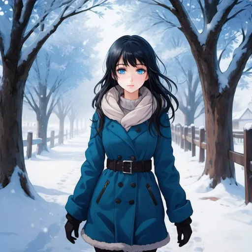 Prompt: a beautiful girl that is walking thew a winter wounder land and she is cold and has black hair and bright blue eyes anime  