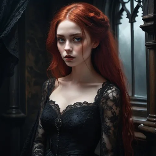 Prompt: Gothic oil painting of Fiona, dark and mysterious, detailed lace gown, hauntingly beautiful, moody atmosphere, high contrast lighting, rich and deep tones, flowing red hair, intense gaze, elegant and ethereal, intricate details, dark and eerie, oil painting, detailed gown, haunting, high contrast lighting, gothic, red hair, mysterious, elegant anime