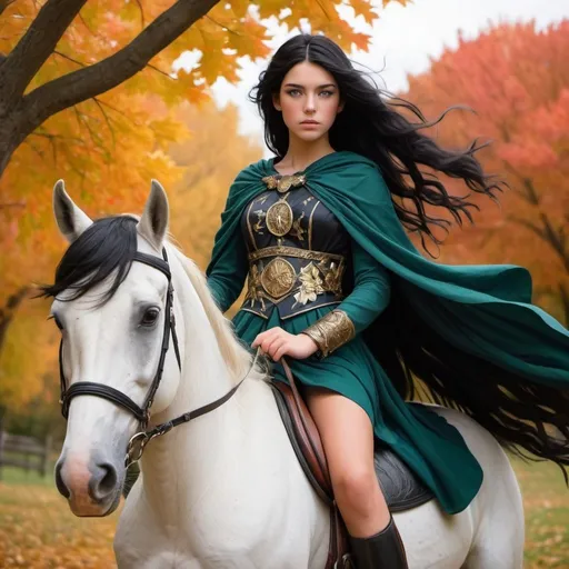 Prompt: beautiful girl that is in her teens and has black hair and is dressed as Athena and has bright greens eyes riding a horse that is raven black and it is fall and the leaves are falling and the hair of the horse is blowing there  the wind  