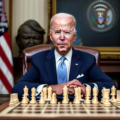 Prompt: President Biden as a wooden sitting with a chess board in front of him playing both sides of the chess board 