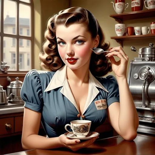 Prompt: Wendy Kokkelkoren;
1940s pinup style;
stunningly beautiful woman; déshabilleé; vintage
Gorgeous barista babe with ornate decorative coffee cup in her hand;
Expert draughtsmanship:

déshabillée;
Expert draftsmanship:
((((((amazing likeness; accurate 
portrait:)))))) ultra quality finely detailed beautiful eyes:
spectacular eyes;
Exotic;
Vivacious;
Surreal;
Dramatic;
Artistic composition;
Exquisite detail;
High resolution’
16k;
Sharp focus;
Dof;
Centered in frame;
Trending on artstation;
Pinup_girl_cheesecake pose
Centered in frame;
Symmetrical