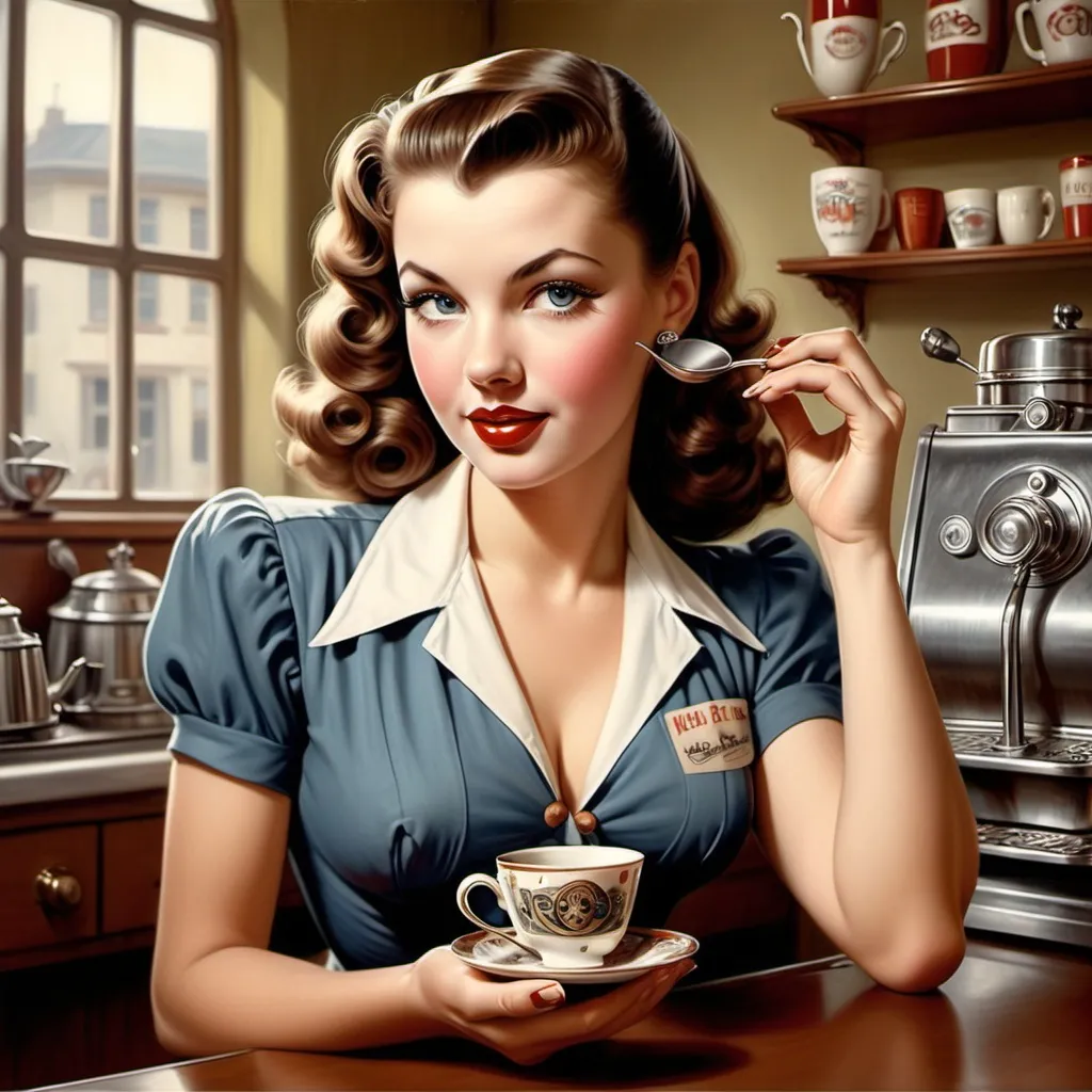 Prompt: Wendy Kokkelkoren;
1940s pinup style;
stunningly beautiful woman; déshabilleé; vintage
Gorgeous barista babe with ornate decorative coffee cup in her hand;
Expert draughtsmanship:

déshabillée;
Expert draftsmanship:
((((((amazing likeness; accurate 
portrait:)))))) ultra quality finely detailed beautiful eyes:
spectacular eyes;
Exotic;
Vivacious;
Surreal;
Dramatic;
Artistic composition;
Exquisite detail;
High resolution’
16k;
Sharp focus;
Dof;
Centered in frame;
Trending on artstation;
Pinup_girl_cheesecake pose
Centered in frame;
Symmetrical