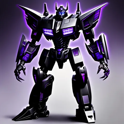 Prompt: make an image of a transformer all black and purple tall strong and powerful he is a prime and the leader of the Shadow Bots who are a kind and friendly faction but also strong powerful his name is Eclipses primus, and he has sharp clawed hands robotic horns, and he has a shockwave-like head