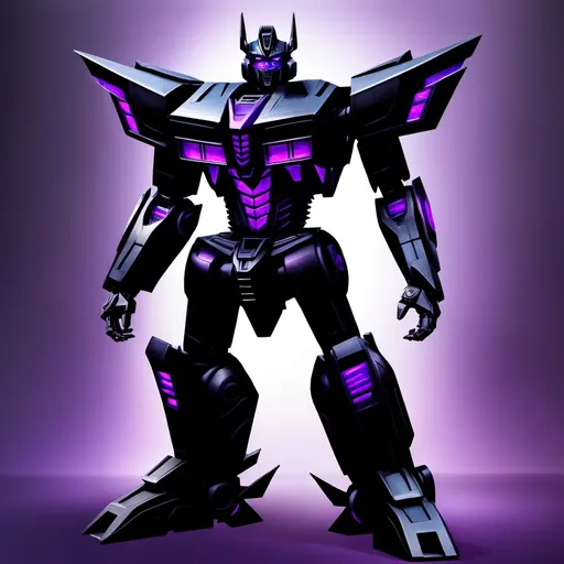 Prompt: make an image of a transformer all black and purple tall strong and powerful he is a prime and the leader of the Shadow Bots who are a kind and friendly faction but also strong powerful his name is Eclipses primus