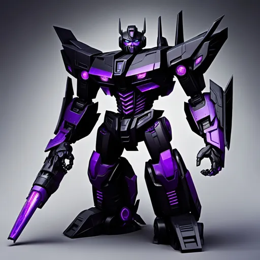 Prompt: make an image of a transformer all black and purple tall strong and powerful he is a prime and the leader of the Shadow Bots who are a kind and friendly faction but also strong powerful his name is Eclipses primus 