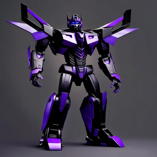 Prompt: make an image of a transformer all black and purple tall strong and powerful he is a prime and the leader of the Shadow Bots who are a kind and friendly faction but also strong powerful his name is Eclipses primus 