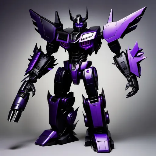 Prompt: make an image of a transformer all black and purple tall strong and powerful he is a prime and the leader of the Shadow Bots who are a kind and friendly faction but also strong powerful his name is Eclipses primus, and he has sharp clawed hands robotic horns, and he has a shockwave-like head
