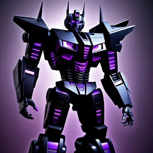 Prompt: make an image of a transformer all black and purple tall strong and powerful he is a prime and the leader of the Shadow Bots who are a kind and friendly faction but also strong powerful his name is Eclipses primus