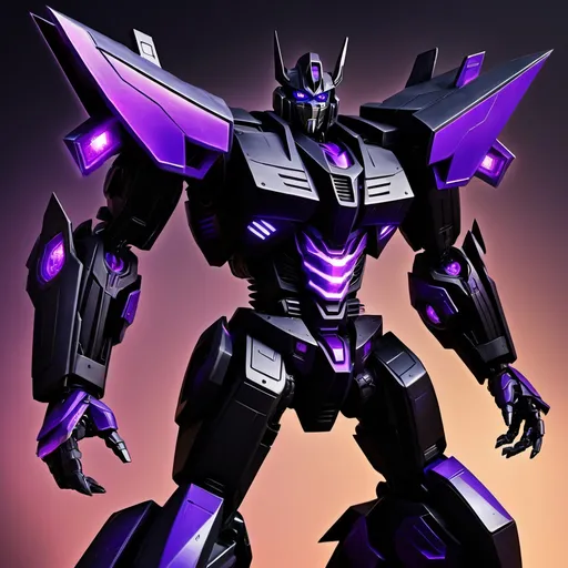 Prompt: make an image of a transformer all black and purple tall strong and powerful he is a prime and the leader of the Shadow Bots who are a kind and friendly faction but also strong powerful his name is Eclipses primus