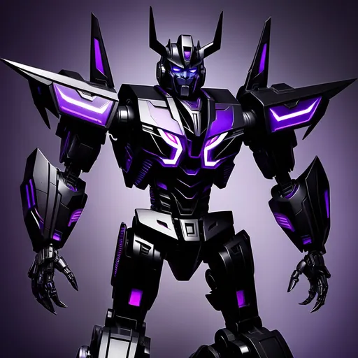 Prompt: make an image of a transformer all black and purple tall strong and powerful he is a prime and the leader of the Shadow Bots who are a kind and friendly faction but also strong powerful his name is Eclipses primus and he has sharp clawed hands robotic horns 