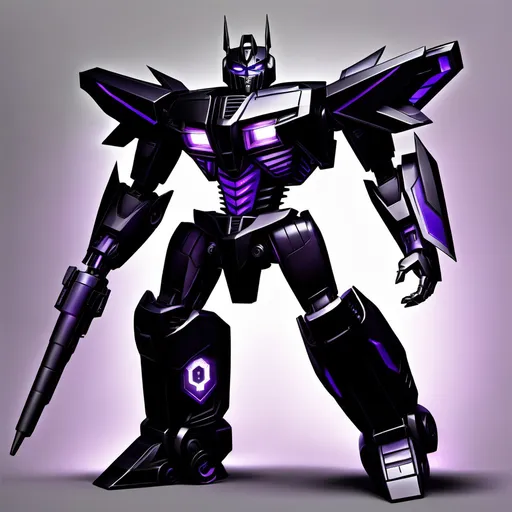Prompt: make an image of a transformer all black and purple tall strong and powerful he is a prime and the leader of the Shadow Bots who are a kind and friendly faction but also strong powerful his name is Eclipses primus