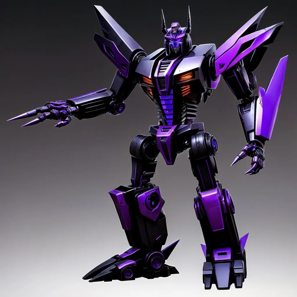 Prompt: make an image of a transformer all black and purple tall strong and powerful he is a prime and the leader of the Shadow Bots who are a kind and friendly faction but also strong powerful his name is Eclipses primus and he has sharp clawed hands robotic horns 