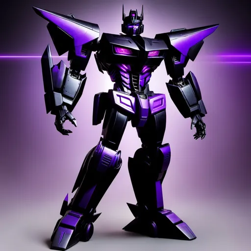 Prompt: make an image of a transformer all black and purple tall strong and powerful he is a prime and the leader of the Shadow Bots who are a kind and friendly faction but also strong powerful his name is Eclipses primus 