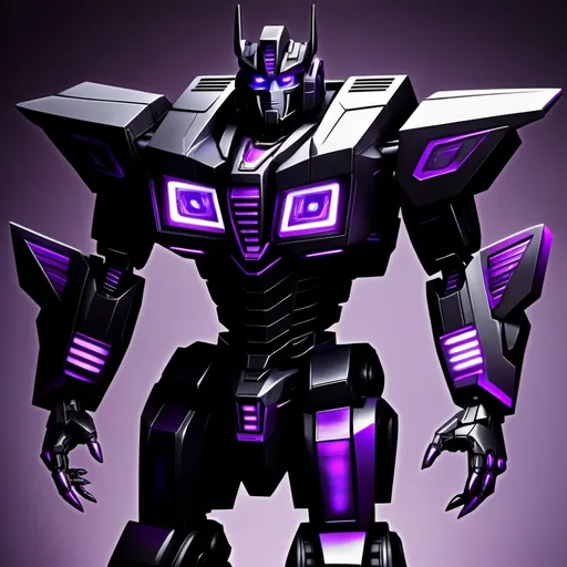 Prompt: make an image of a transformer all black and purple tall strong and powerful he is a prime and the leader of the Shadow Bots who are a kind and friendly faction but also strong powerful his name is Eclipses primus