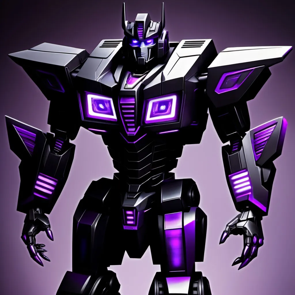 Prompt: make an image of a transformer all black and purple tall strong and powerful he is a prime and the leader of the Shadow Bots who are a kind and friendly faction but also strong powerful his name is Eclipses primus