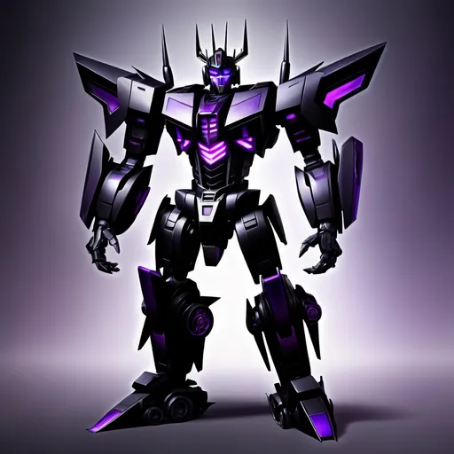 Prompt: make an image of a transformer all black and purple tall strong and powerful he is a prime and the leader of the Shadow Bots who are a kind and friendly faction but also strong powerful his name is Eclipses primus, and he has sharp clawed hands robotic horns, and he has a shockwave-like head