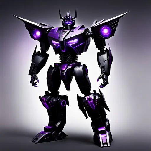 Prompt: make an image of a transformer all black and purple tall strong and powerful he is a prime and the leader of the Shadow Bots who are a kind and friendly faction but also strong powerful his name is Eclipses primus, and he has sharp clawed hands robotic horns, and he has a shockwave-like head