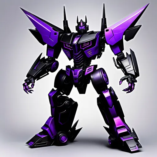 Prompt: make an image of a transformer all black and purple tall strong and powerful he is a prime and the leader of the Shadow Bots who are a kind and friendly faction but also strong powerful his name is Eclipses primus and he has sharp clawed hands robotic horns 