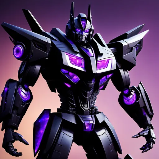 Prompt: make an image of a transformer all black and purple tall strong and powerful he is a prime and the leader of the Shadow Bots who are a kind and friendly faction but also strong powerful his name is Eclipses primus