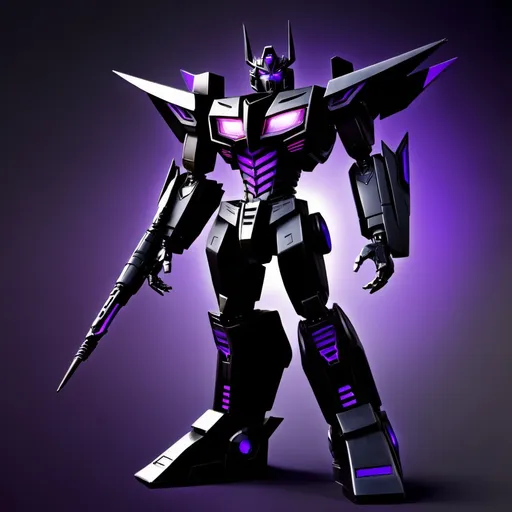 Prompt: make an image of a transformer all black and purple tall strong and powerful he is a prime and the leader of the Shadow Bots who are a kind and friendly faction but also strong powerful his name is Eclipses primus 