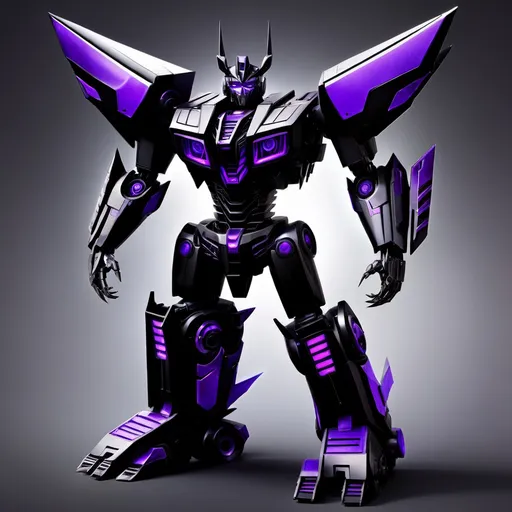 Prompt: make an image of a transformer all black and purple tall strong and powerful he is a prime and the leader of the Shadow Bots who are a kind and friendly faction but also strong powerful his name is Eclipses primus and he has sharp clawed hands robotic horns 