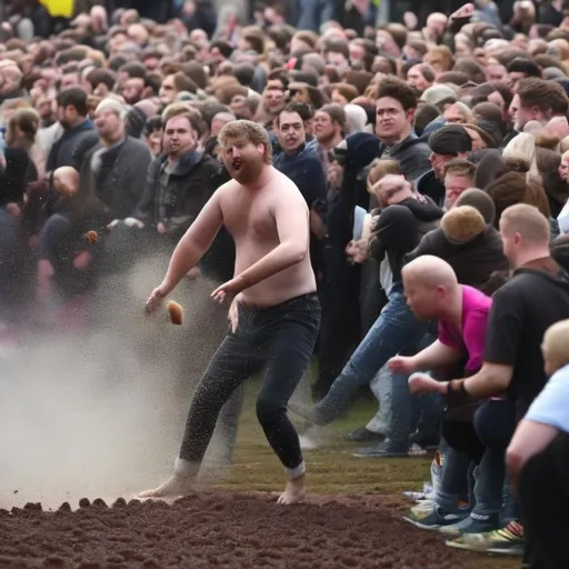 Prompt: man throwing poo at crowd