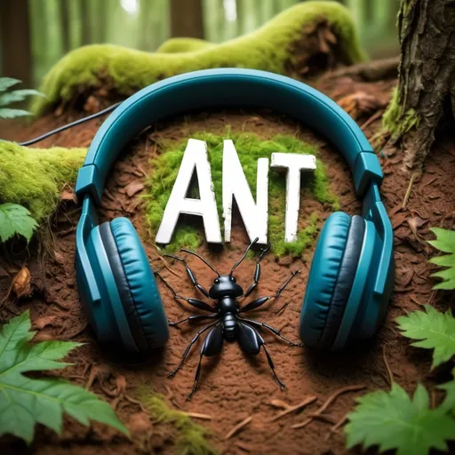 Prompt: The inscription a.n.t in the forest and below an ant with headphones