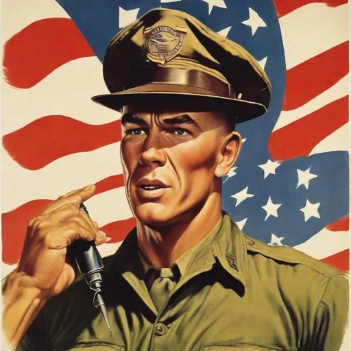 Prompt: American Drill Instructor in American Propaganda Poster, 50's editorial color illustration