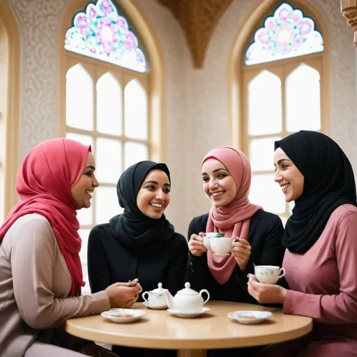 Prompt: A group of hijabi modern  women and mums in a welcoming mosque environment, engaging in a lively discussion over tea. They are smiling, symbolizing friendship and community bonding.