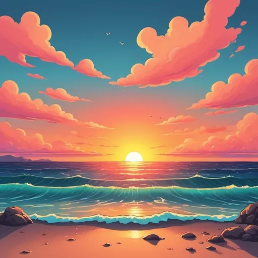 Prompt: cute, cartoonish sunset over an ocean incorporating the following colors: #8de5ef #85c4bc #f6e091 #e9aaac
#f572b0