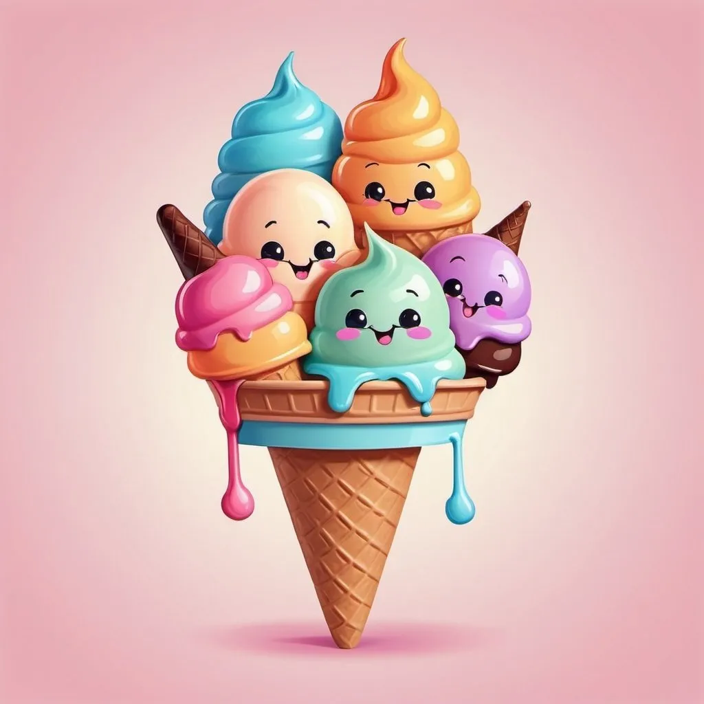 Prompt: cute, cartoonish ice-cream image using these colors #8de5ef #85c4bc #f6e091 #e9aaac #f572b0
