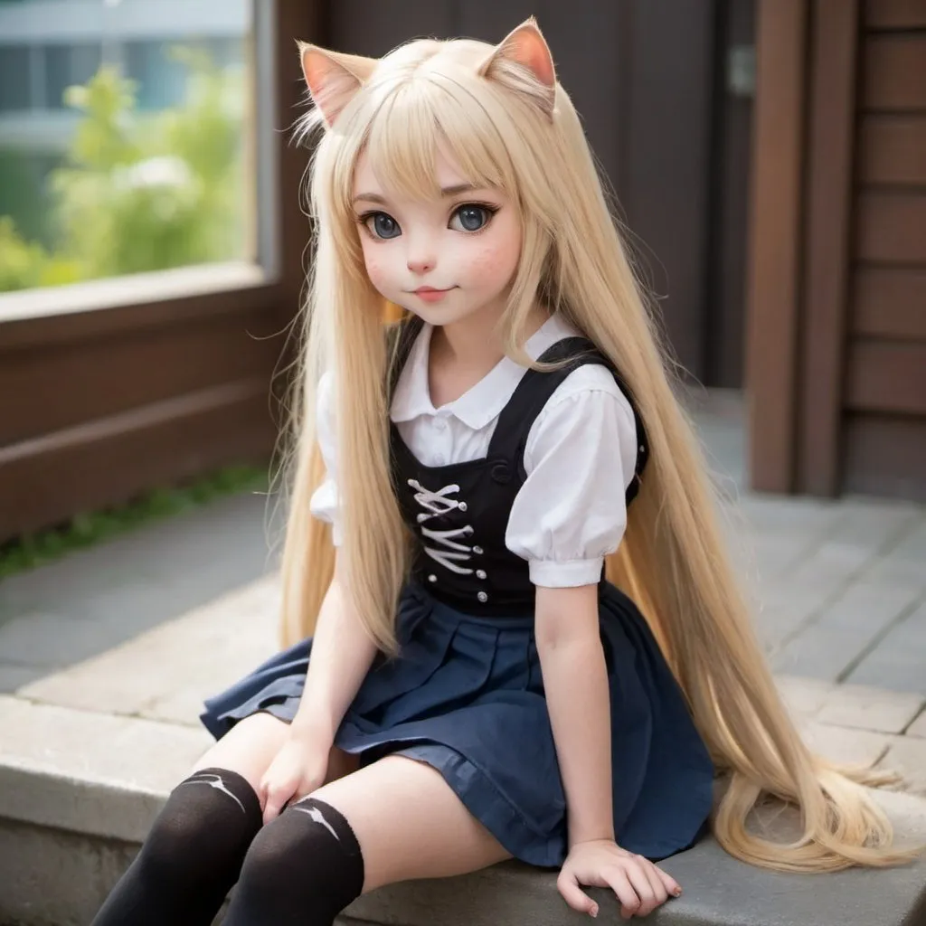 Prompt: A cute cat girl with long blonde hair and skirt is sitting 