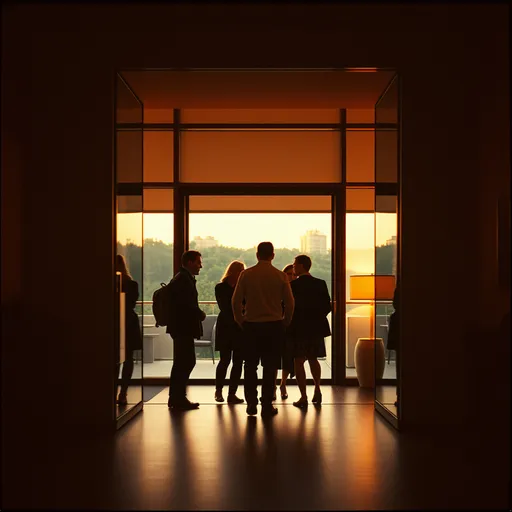 Prompt: Analog film photography still, a group of 5 people are entering into a modern room for meeting at evening. The ambience is full of warm light