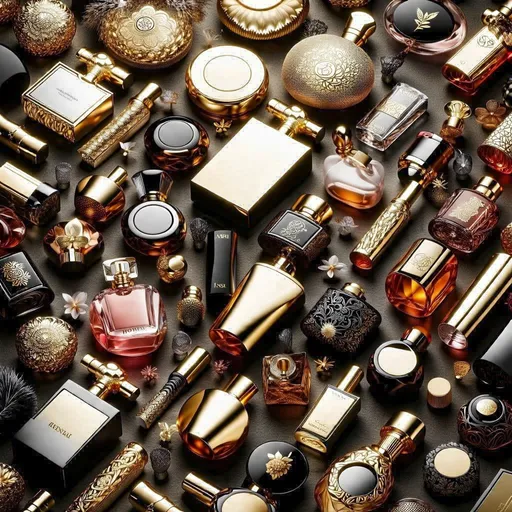 Prompt: (100 different perfume bottles), diverse sizes, vibrant colors, fantastically aesthetic arrangement, top-down (bird's-eye) perspective, delicate reflections, intricate designs, soft lighting, elegant ambiance, beautifully showcased, high quality, ultra-detailed, alluring visual composition, harmonious blend of shapes and hues, creating a luxurious atmosphere, perfect for wallpaper, captivating and inviting scene.