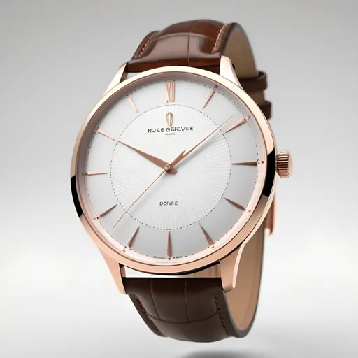 Prompt: Photorealistic 3D render of a luxury wristwatch, no background. Sleek and minimalist design. Round 40mm case in polished rose gold. Ultra-thin bezel. Clean white dial with subtle sunburst pattern. Rose gold hour markers, no numerals. Slender rose gold hands for hours and minutes. Small seconds subdial at 6 o'clock. Genuine brown leather strap with elegant stitching. Deployant clasp in matching rose gold. Domed sapphire crystal with anti-reflective coating. Visible through transparent case back: high-end automatic movement with Côtes de Genève finishing. The watch floats in space, casting a soft shadow beneath. Crisp 4K resolution with impeccable detail. Lighting emphasizes the watch's curves and reflective surfaces. The overall image should exude understated luxury and timeless elegance.