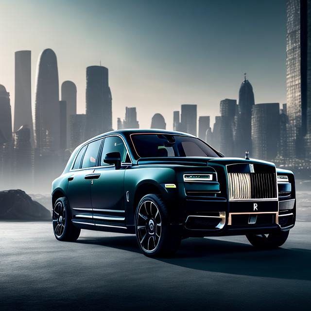 Prompt: The front of an all matte black Rolls Royce Cullinan with exposed carbon fibre speeding in a futuristic city landscape with a warping background 