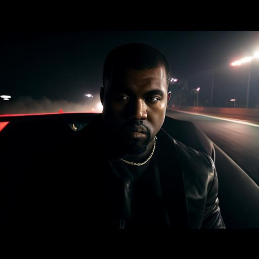 Prompt: Kanye West drifting in a Bentley going 200mph at night with no headlights on while tripping on acid