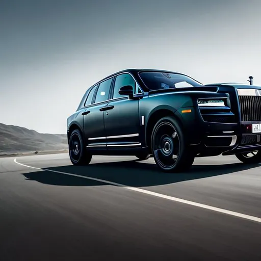 Prompt: All matte black Rolls Royce Cullinan with exposed carbon-fibre speeding with warping background 