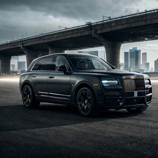 Prompt: all matte black Rolls Royce Cullinan with exposed carbon fibre speeding in a futuristic city landscape with a warping background 